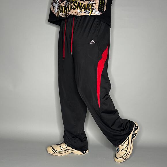 Adidas Sweatpants Black Polyester Red White Baggy Wide Leg - Picture 1 of 4